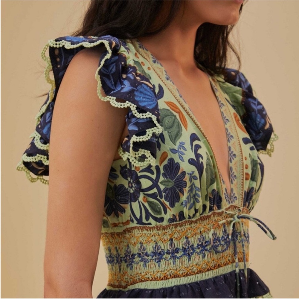 FARM Rio Ocean Tapestry Blue and Green Tiered Midi Dress